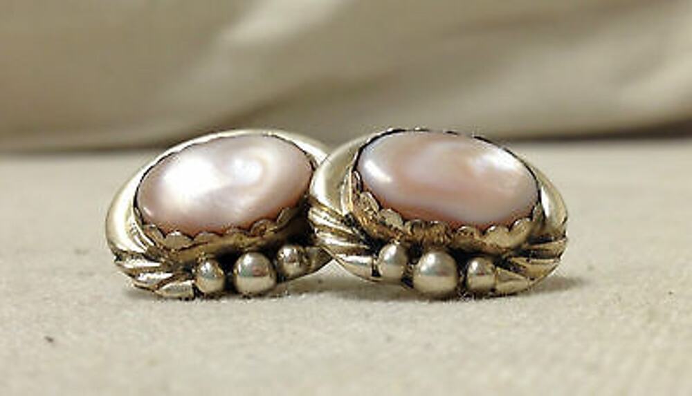 925 Sterling Silver Pink Mother of Pearl Pierced Earrings Navajo Style